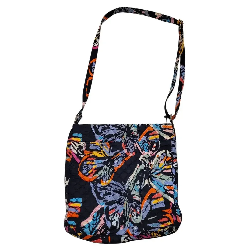 Vera Bradley Triple Zip Hipster Crossbody Bag Floral Butterfly Quilted Black EUC